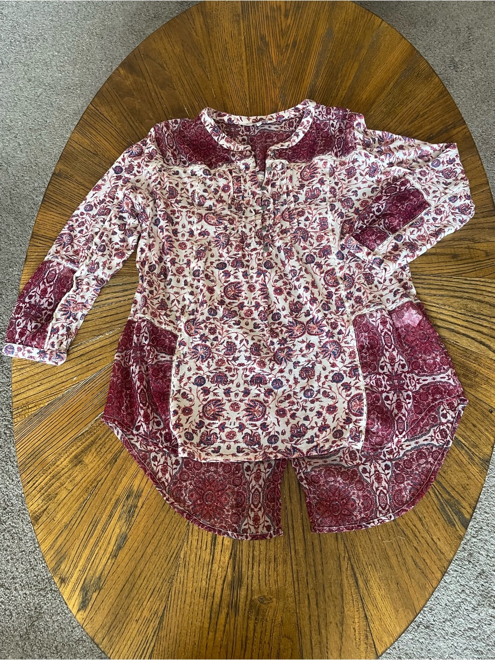 Lucky Brand Burgundy and White Floral Patchwork Tunic Top
